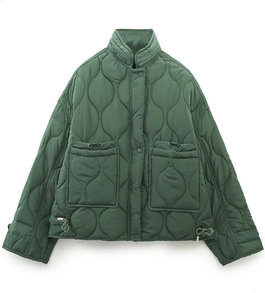 Women's Oversized Quilted Puffer Jacket Stand Collar Zip Up Lightweight Cropped Padded Winter Down Coat with Pockets