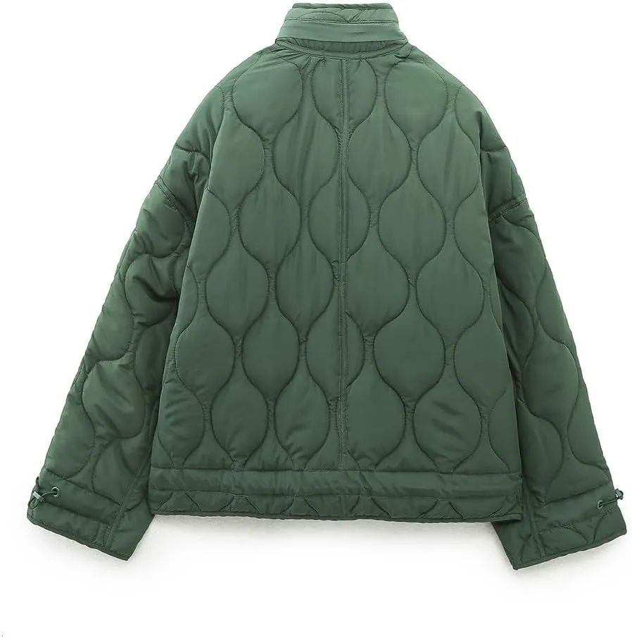Women's Oversized Quilted Puffer Jacket Stand Collar Zip Up Lightweight Cropped Padded Winter Down Coat with Pockets