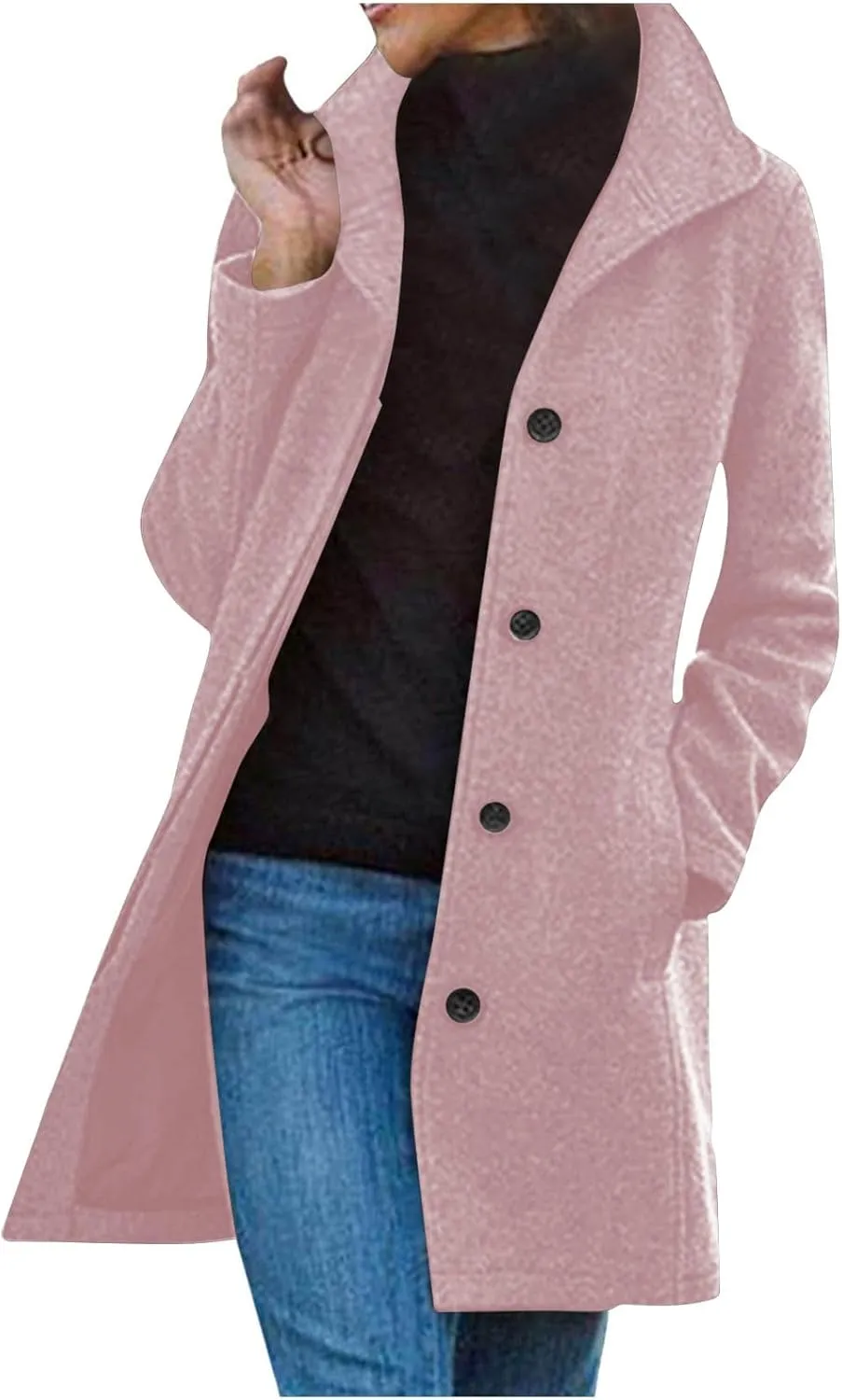 Womens Pea Coat Winter Fall Classic Button Down Stand Collar Peacoat Dressy Casual Elegant Trench Coat with Pocket