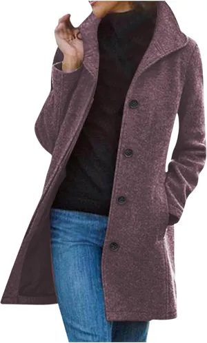 Womens Pea Coat Winter Fall Classic Button Down Stand Collar Peacoat Dressy Casual Elegant Trench Coat with Pocket
