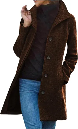 Womens Pea Coat Winter Fall Classic Button Down Stand Collar Peacoat Dressy Casual Elegant Trench Coat with Pocket