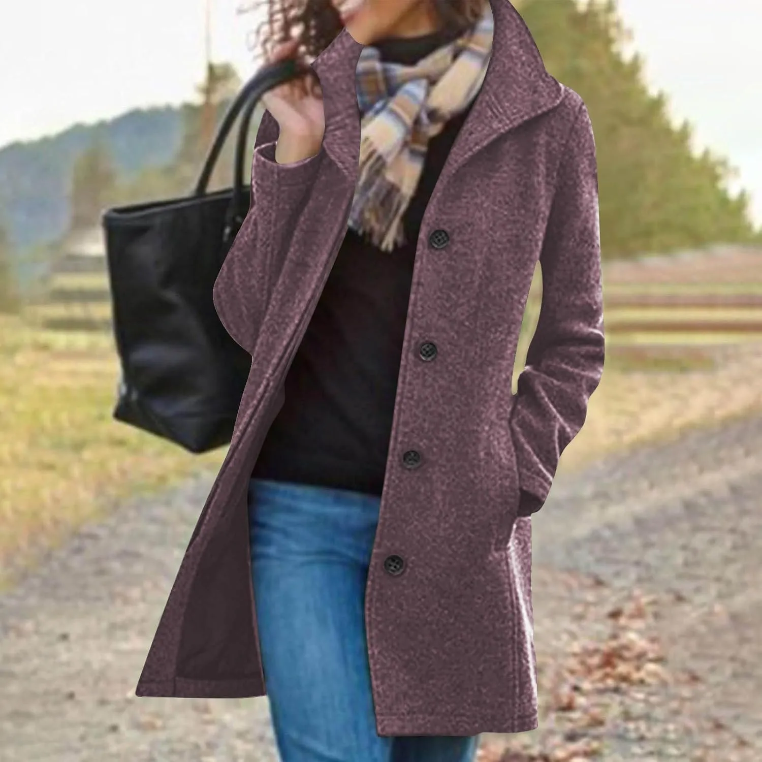 Womens Pea Coat Winter Fall Classic Button Down Stand Collar Peacoat Dressy Casual Elegant Trench Coat with Pocket