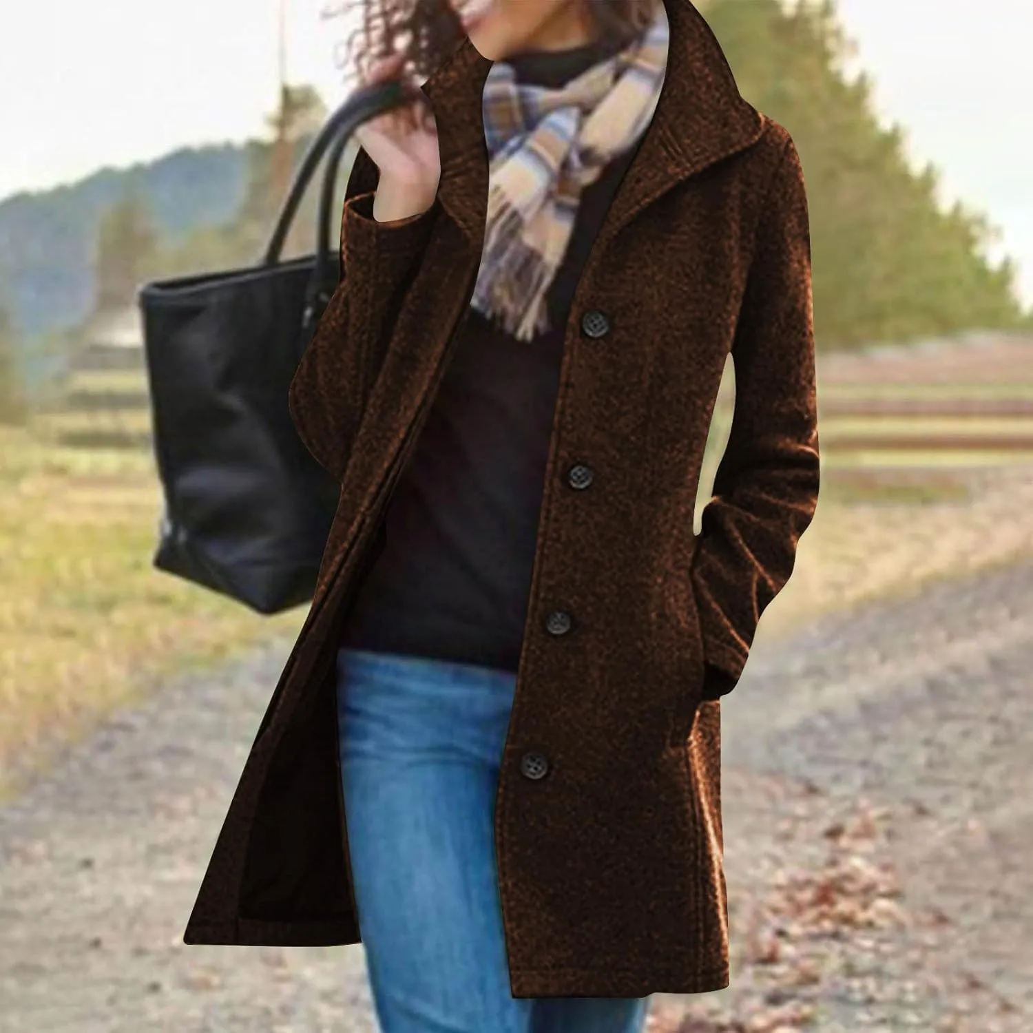 Womens Pea Coat Winter Fall Classic Button Down Stand Collar Peacoat Dressy Casual Elegant Trench Coat with Pocket