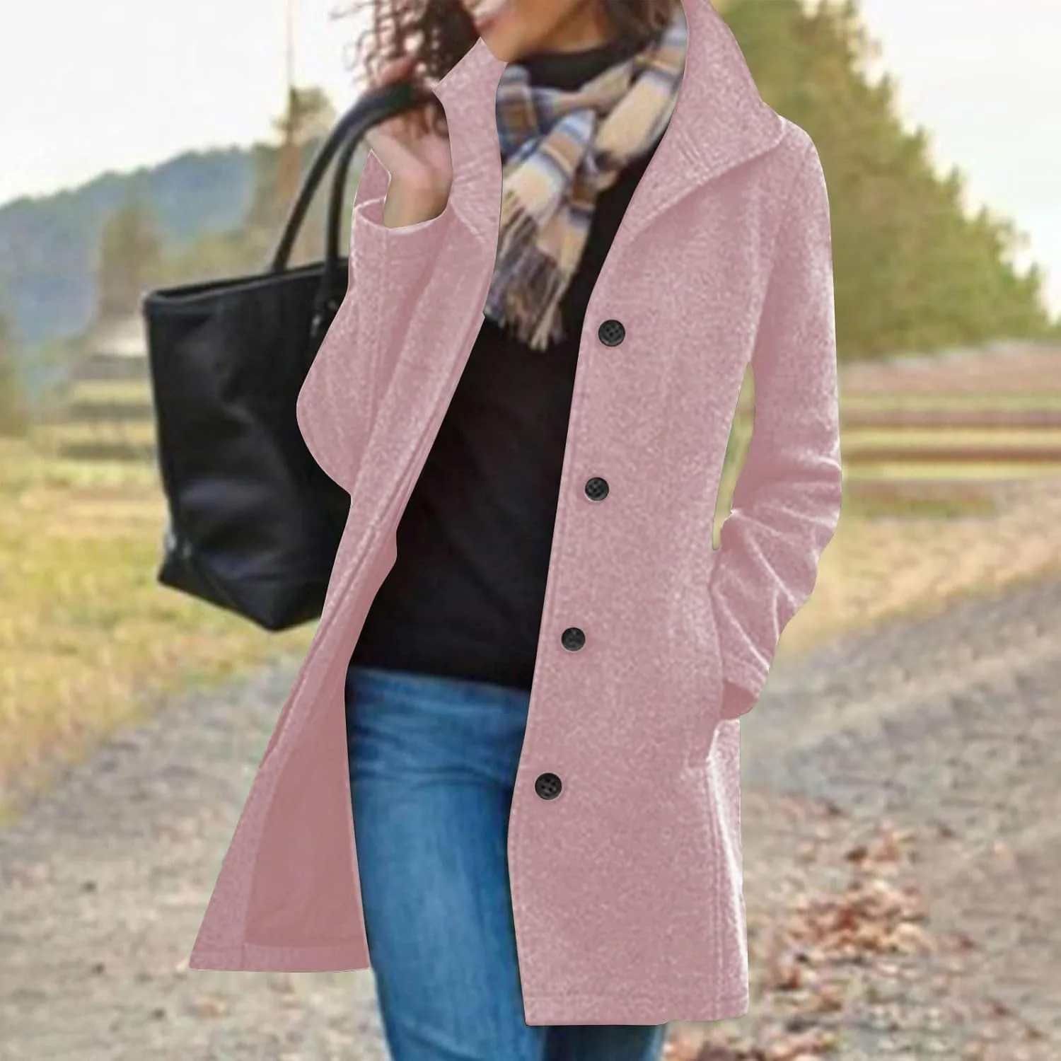 Womens Pea Coat Winter Fall Classic Button Down Stand Collar Peacoat Dressy Casual Elegant Trench Coat with Pocket