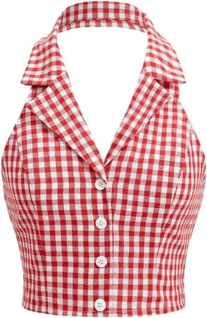 Women's Plaid Print Crop Top Button Front Halter Top Backless Cropped Halter Tank Top Slim Fit Cami Top Camisole