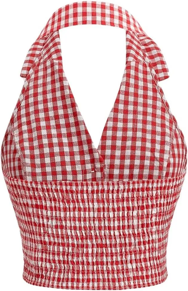Women's Plaid Print Crop Top Button Front Halter Top Backless Cropped Halter Tank Top Slim Fit Cami Top Camisole