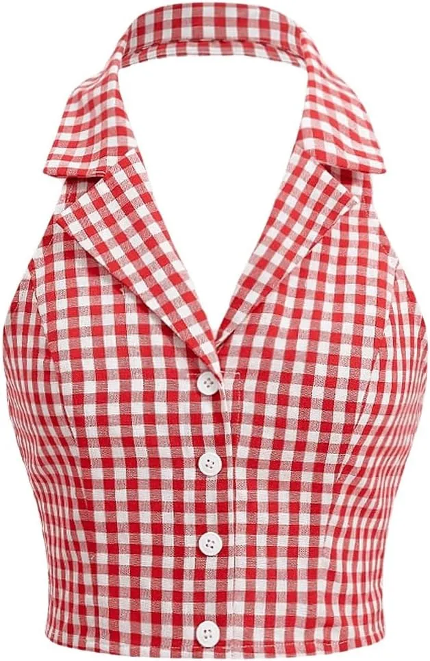 Women's Plaid Print Crop Top Button Front Halter Top Backless Cropped Halter Tank Top Slim Fit Cami Top Camisole