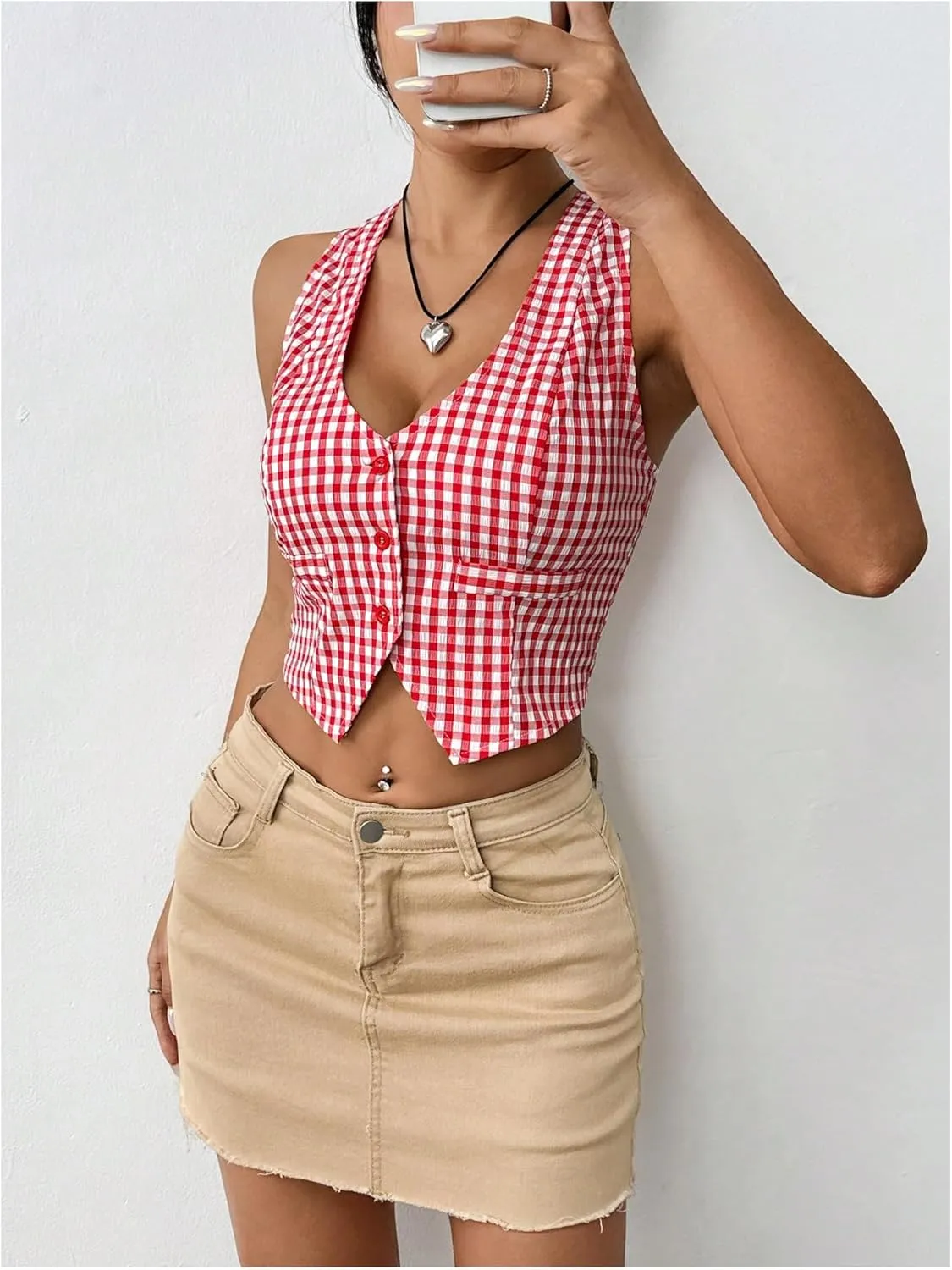 Women's Plaid Print Crop Top Button Front Halter Top Backless Cropped Halter Tank Top Slim Fit Cami Top Camisole