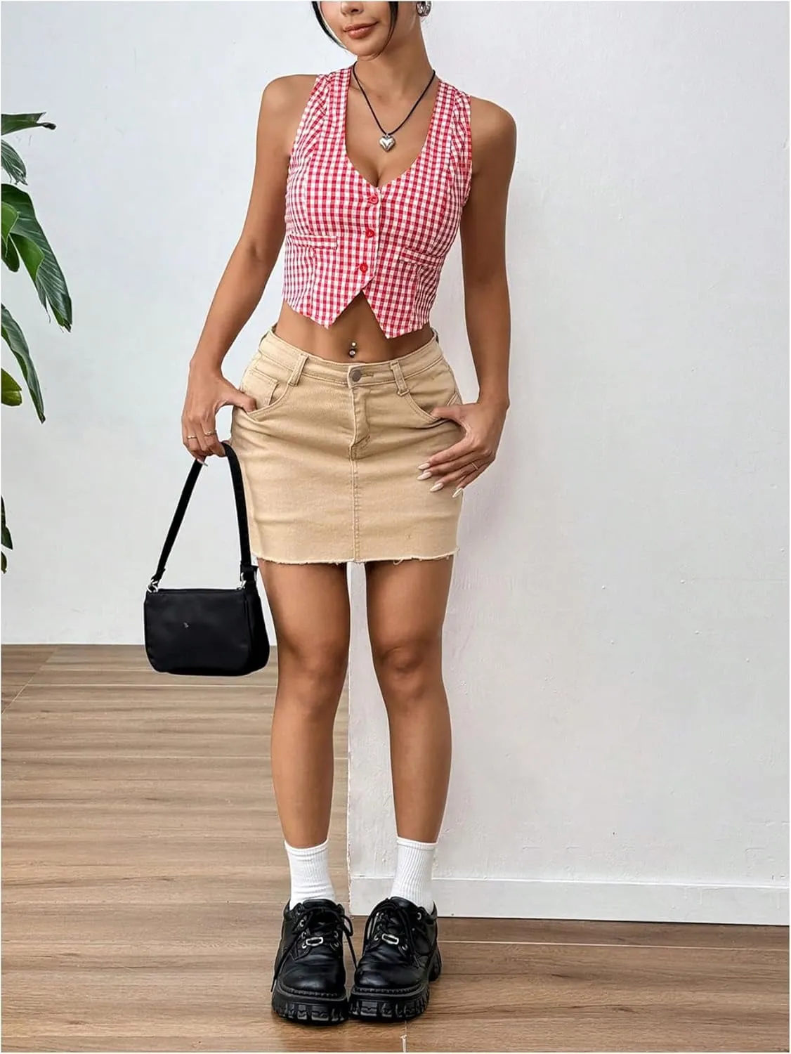 Women's Plaid Print Crop Top Button Front Halter Top Backless Cropped Halter Tank Top Slim Fit Cami Top Camisole