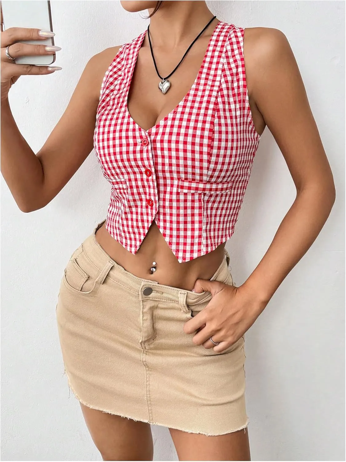 Women's Plaid Print Crop Top Button Front Halter Top Backless Cropped Halter Tank Top Slim Fit Cami Top Camisole