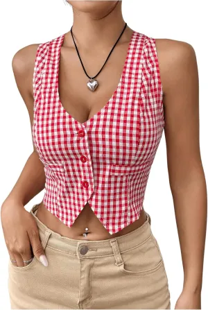 Women's Plaid Print Crop Top Button Front Halter Top Backless Cropped Halter Tank Top Slim Fit Cami Top Camisole
