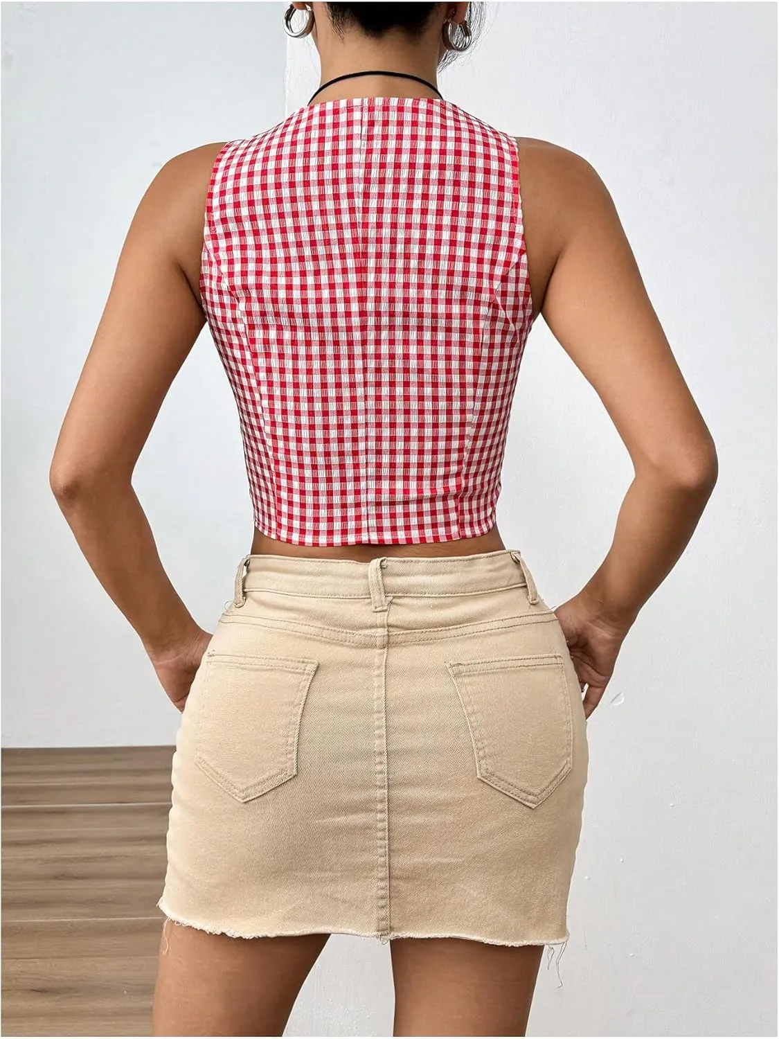 Women's Plaid Print Crop Top Button Front Halter Top Backless Cropped Halter Tank Top Slim Fit Cami Top Camisole