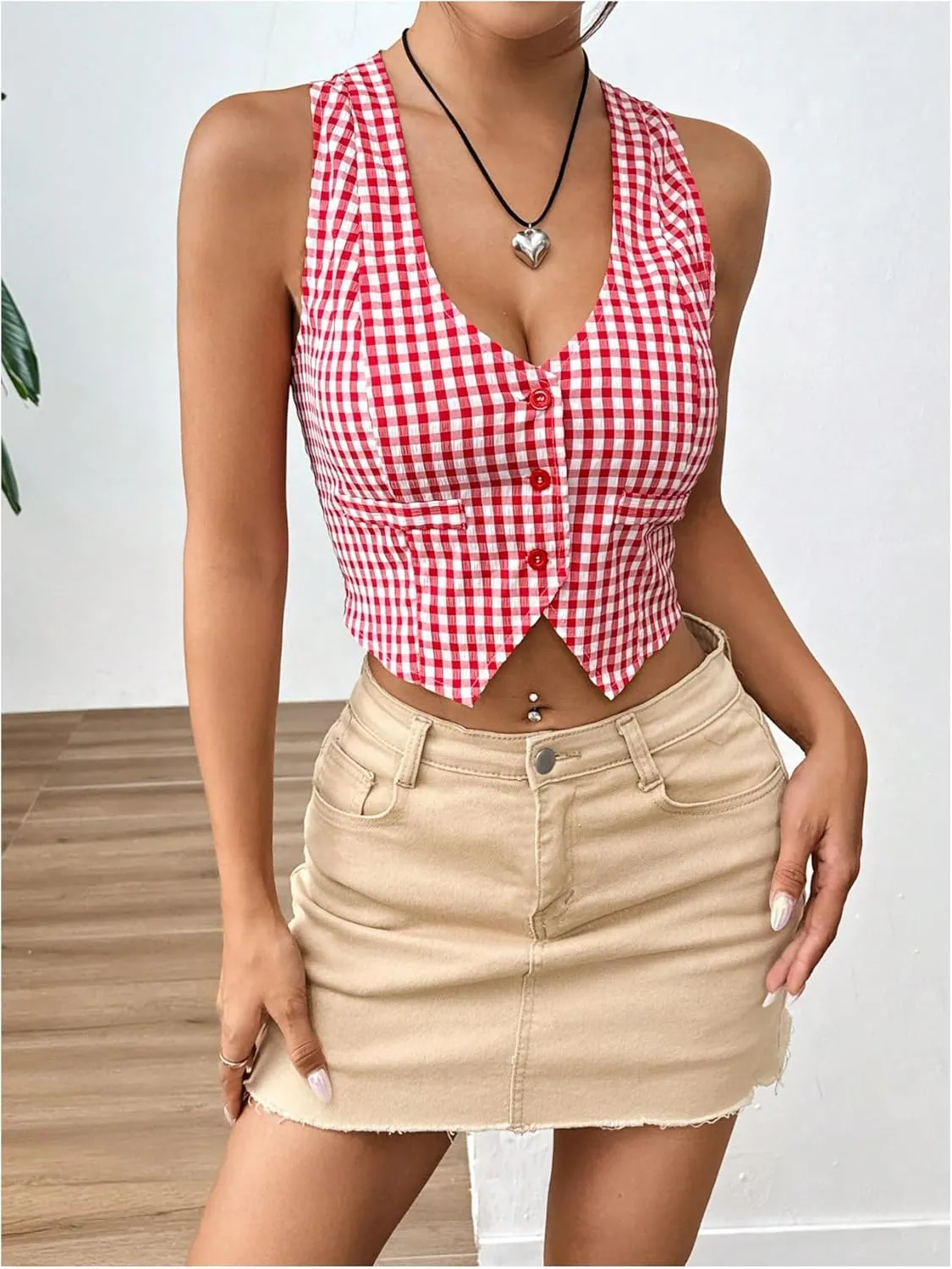Women's Plaid Print Crop Top Button Front Halter Top Backless Cropped Halter Tank Top Slim Fit Cami Top Camisole