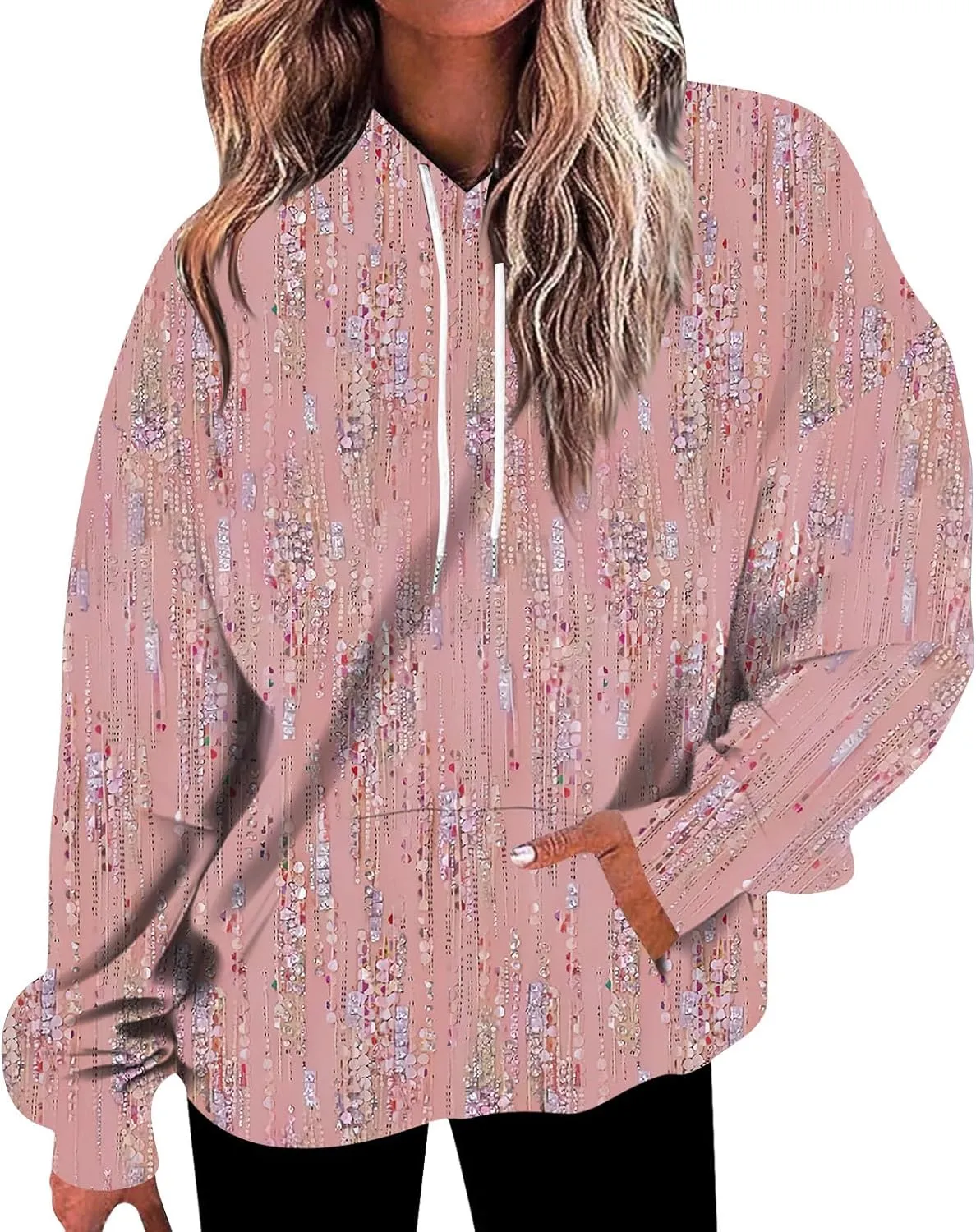 Women's Pullover Sweaters Long Sleeve Printed Sweatshirt Graphic Drawstring Top Hoodie Fall Outfits with Pocket