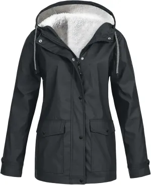 Womens Rain Jacket Sherpa Fleece Lined Hooded Coat Full Zip Button Jackets Outdoor Waterproof Travel Trench Coats