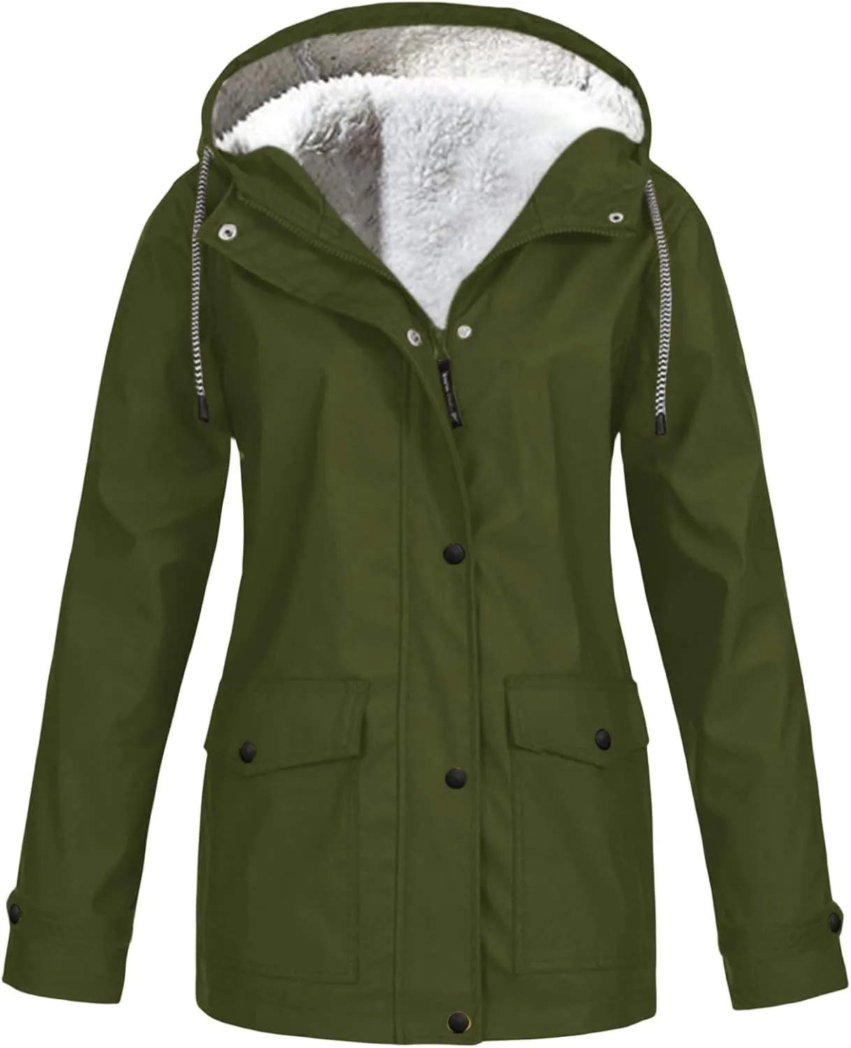 Womens Rain Jacket Sherpa Fleece Lined Hooded Coat Full Zip Button Jackets Outdoor Waterproof Travel Trench Coats