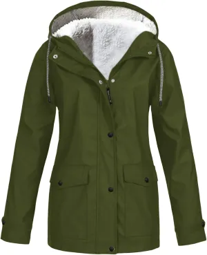 Womens Rain Jacket Sherpa Fleece Lined Hooded Coat Full Zip Button Jackets Outdoor Waterproof Travel Trench Coats