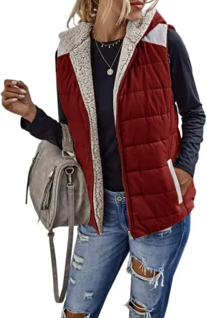 Womens Sherpa Fleece Full Zip Reversible Vest Warm Color Block Hoodie Outwear with Pocket