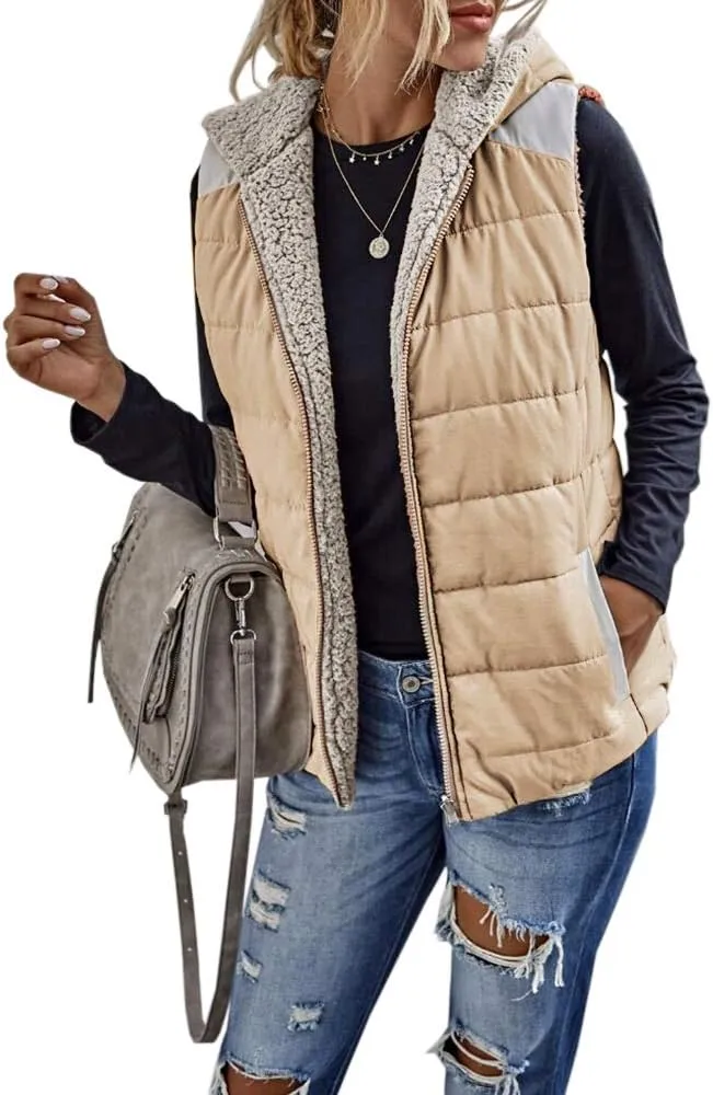 Womens Sherpa Fleece Full Zip Reversible Vest Warm Color Block Hoodie Outwear with Pocket