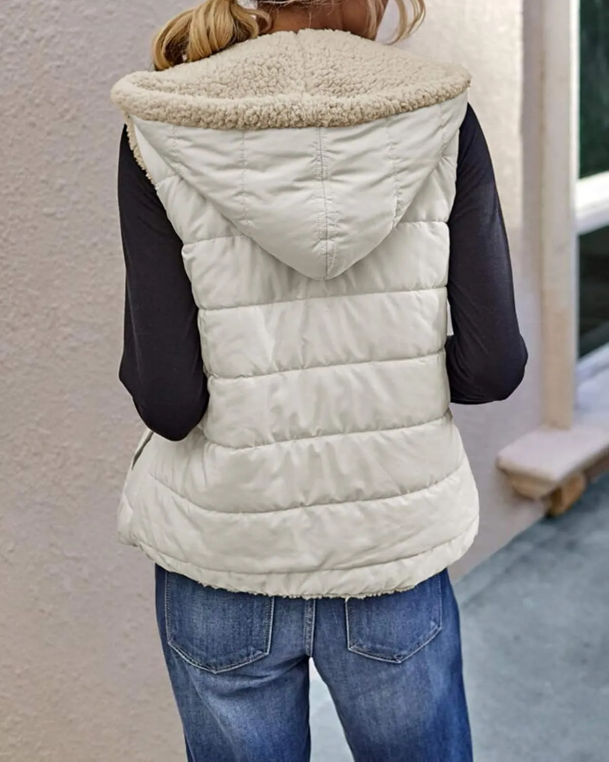 Womens Sherpa Fleece Full Zip Reversible Vest Warm Color Block Hoodie Outwear with Pocket