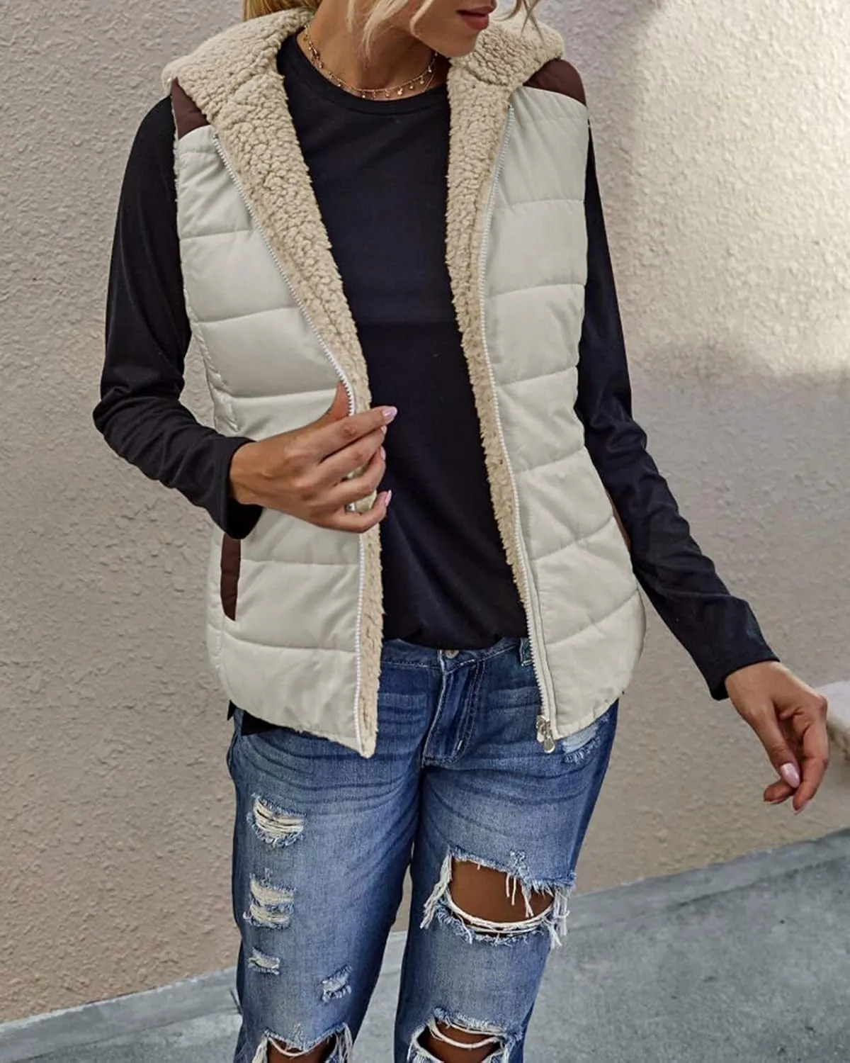 Womens Sherpa Fleece Full Zip Reversible Vest Warm Color Block Hoodie Outwear with Pocket