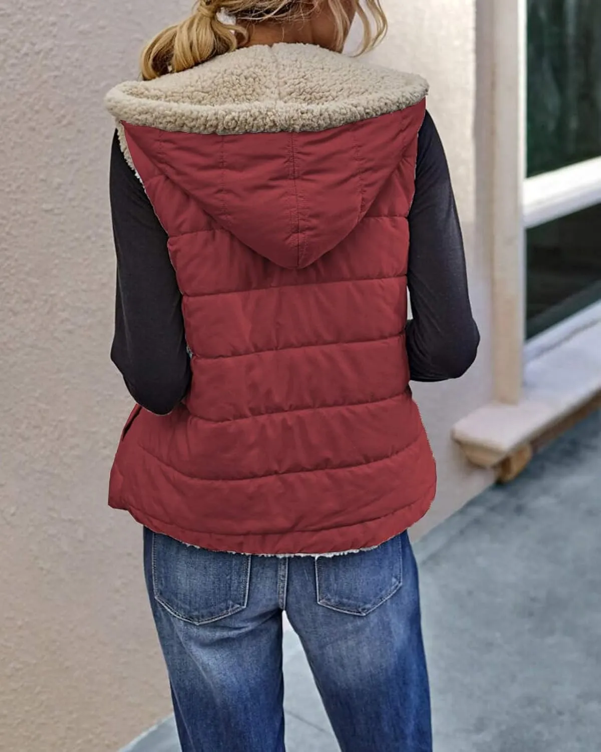 Womens Sherpa Fleece Full Zip Reversible Vest Warm Color Block Hoodie Outwear with Pocket