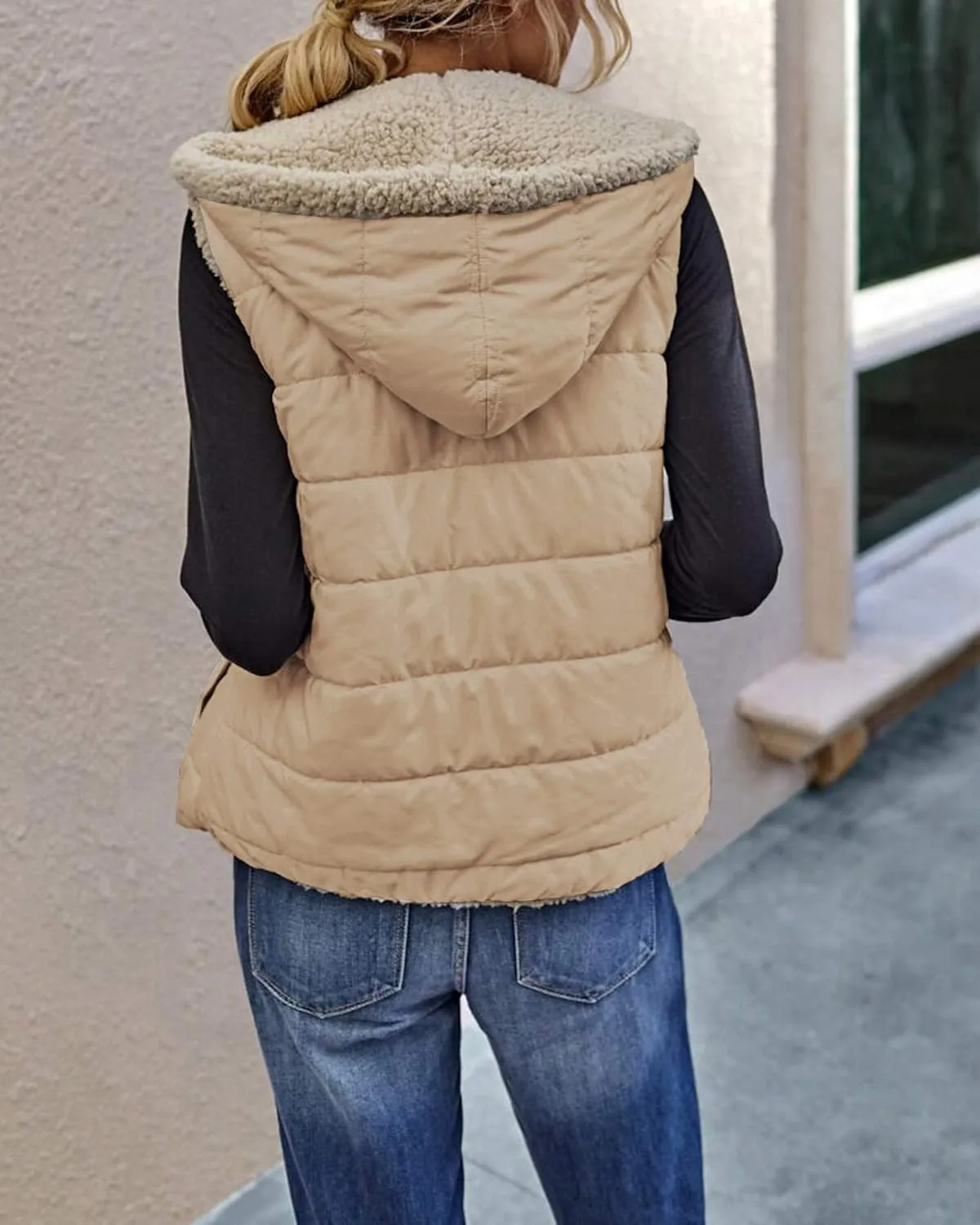 Womens Sherpa Fleece Full Zip Reversible Vest Warm Color Block Hoodie Outwear with Pocket
