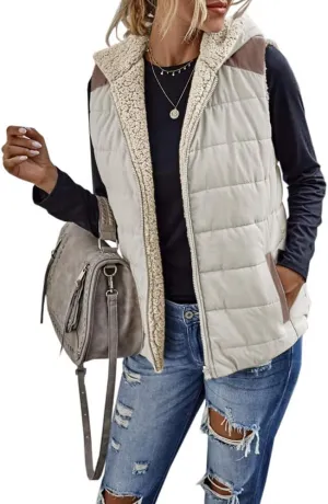 Womens Sherpa Fleece Full Zip Reversible Vest Warm Color Block Hoodie Outwear with Pocket