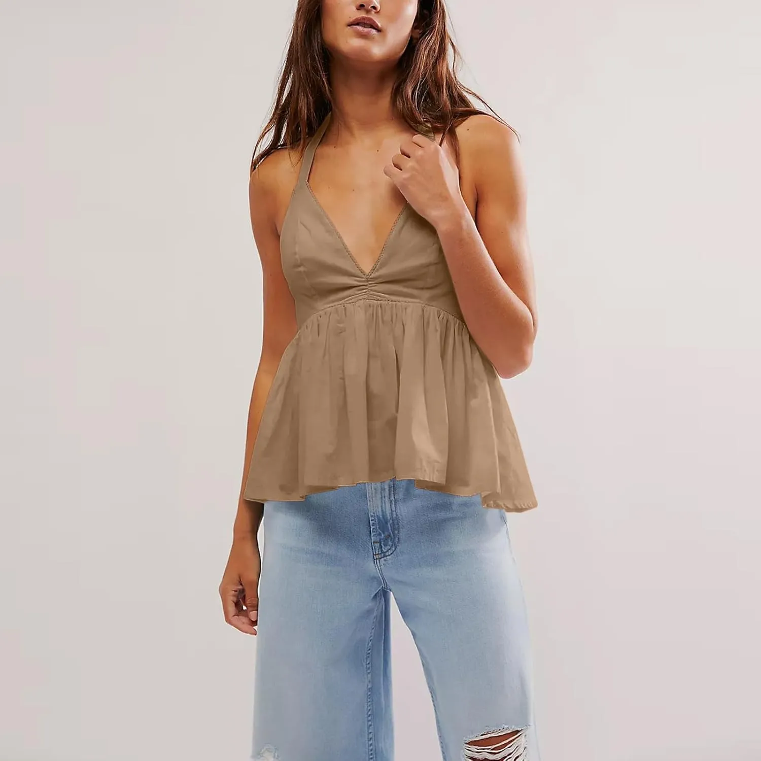 Women's Summer Cami Top Deep V-Neck Backless Spaghetti Strap Crop Top Solid Casual Tie Back Sleeveless Peplum Top