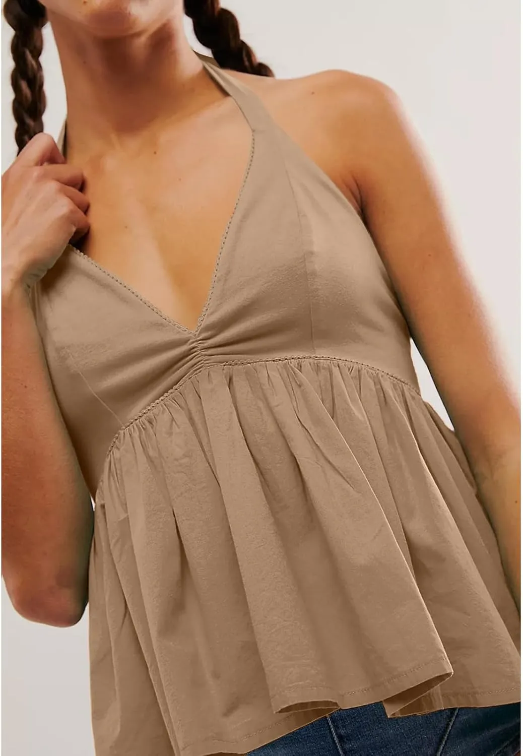 Women's Summer Cami Top Deep V-Neck Backless Spaghetti Strap Crop Top Solid Casual Tie Back Sleeveless Peplum Top