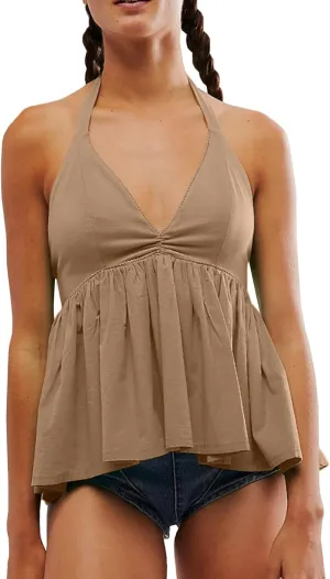 Women's Summer Cami Top Deep V-Neck Backless Spaghetti Strap Crop Top Solid Casual Tie Back Sleeveless Peplum Top