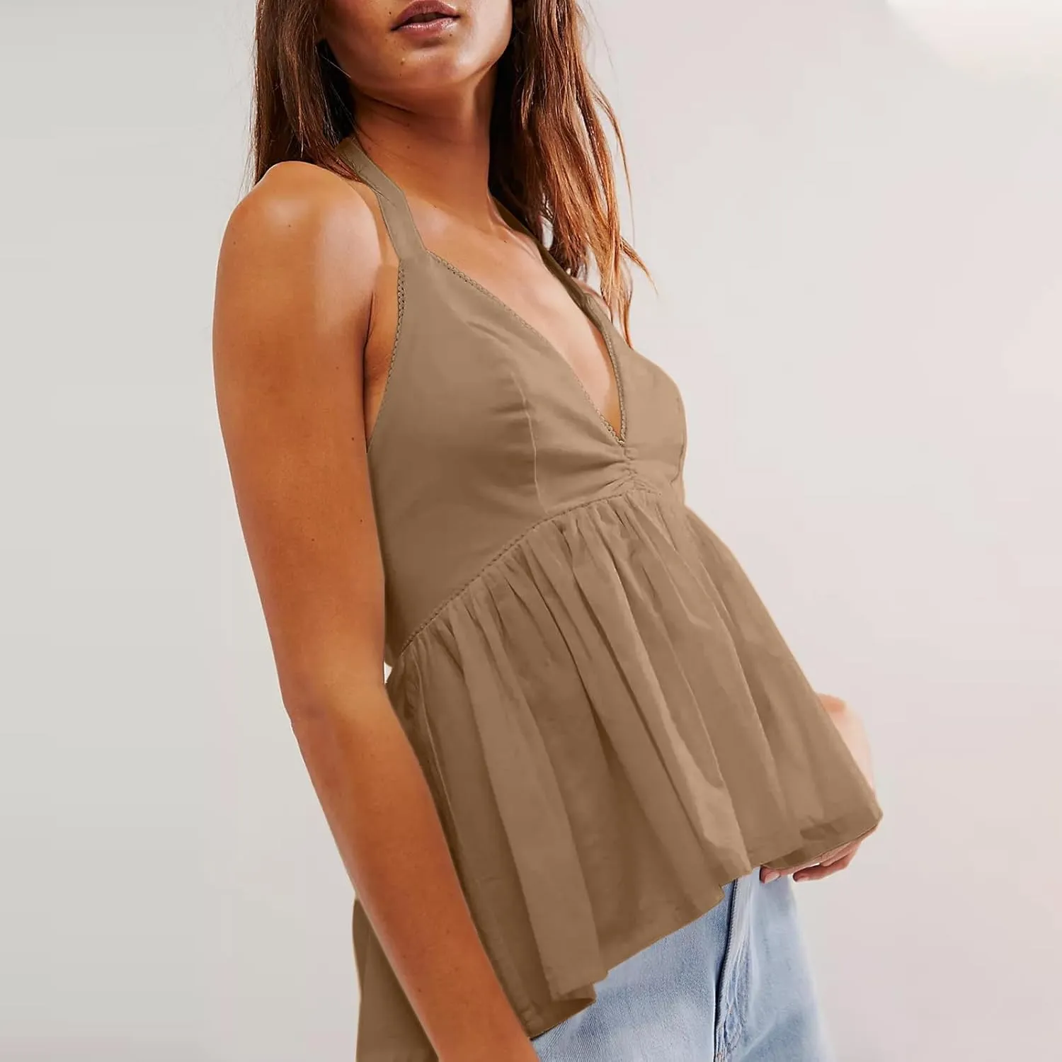 Women's Summer Cami Top Deep V-Neck Backless Spaghetti Strap Crop Top Solid Casual Tie Back Sleeveless Peplum Top