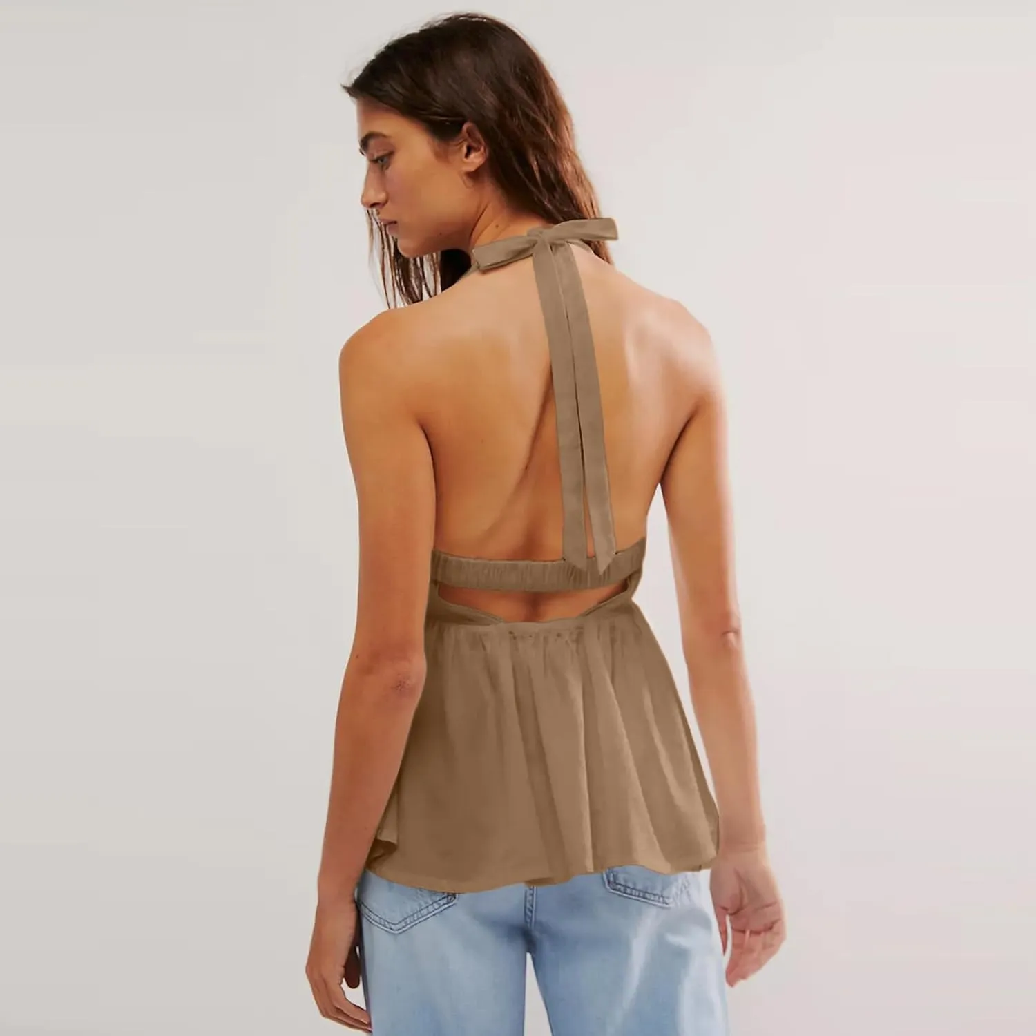 Women's Summer Cami Top Deep V-Neck Backless Spaghetti Strap Crop Top Solid Casual Tie Back Sleeveless Peplum Top