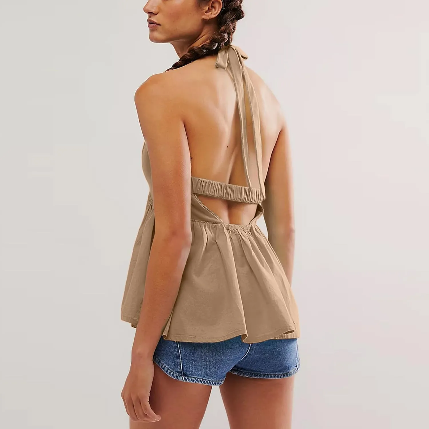 Women's Summer Cami Top Deep V-Neck Backless Spaghetti Strap Crop Top Solid Casual Tie Back Sleeveless Peplum Top