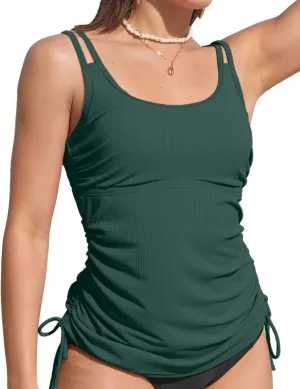 Women's Tankini Top Tie-Side Drawstrings Bathing Suit Top Ribbed Fabric Tummy Control Sporty Swimsuit Top