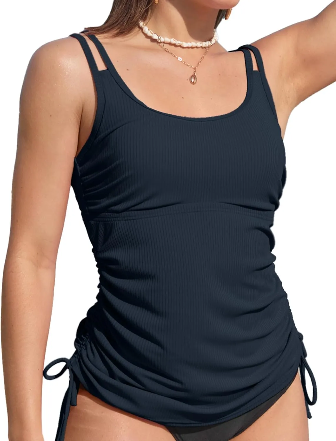 Women's Tankini Top Tie-Side Drawstrings Bathing Suit Top Ribbed Fabric Tummy Control Sporty Swimsuit Top