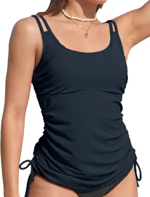 Women's Tankini Top Tie-Side Drawstrings Bathing Suit Top Ribbed Fabric Tummy Control Sporty Swimsuit Top