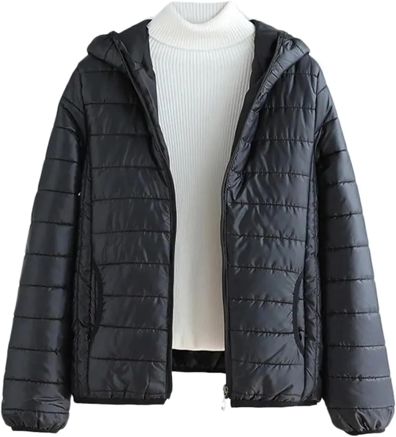 Womens Temperament Thicken Winter Puffer Coats Hooded Pocket Zipper Daily Outdoor Down Coat Casual Warm Fitted Overcoat