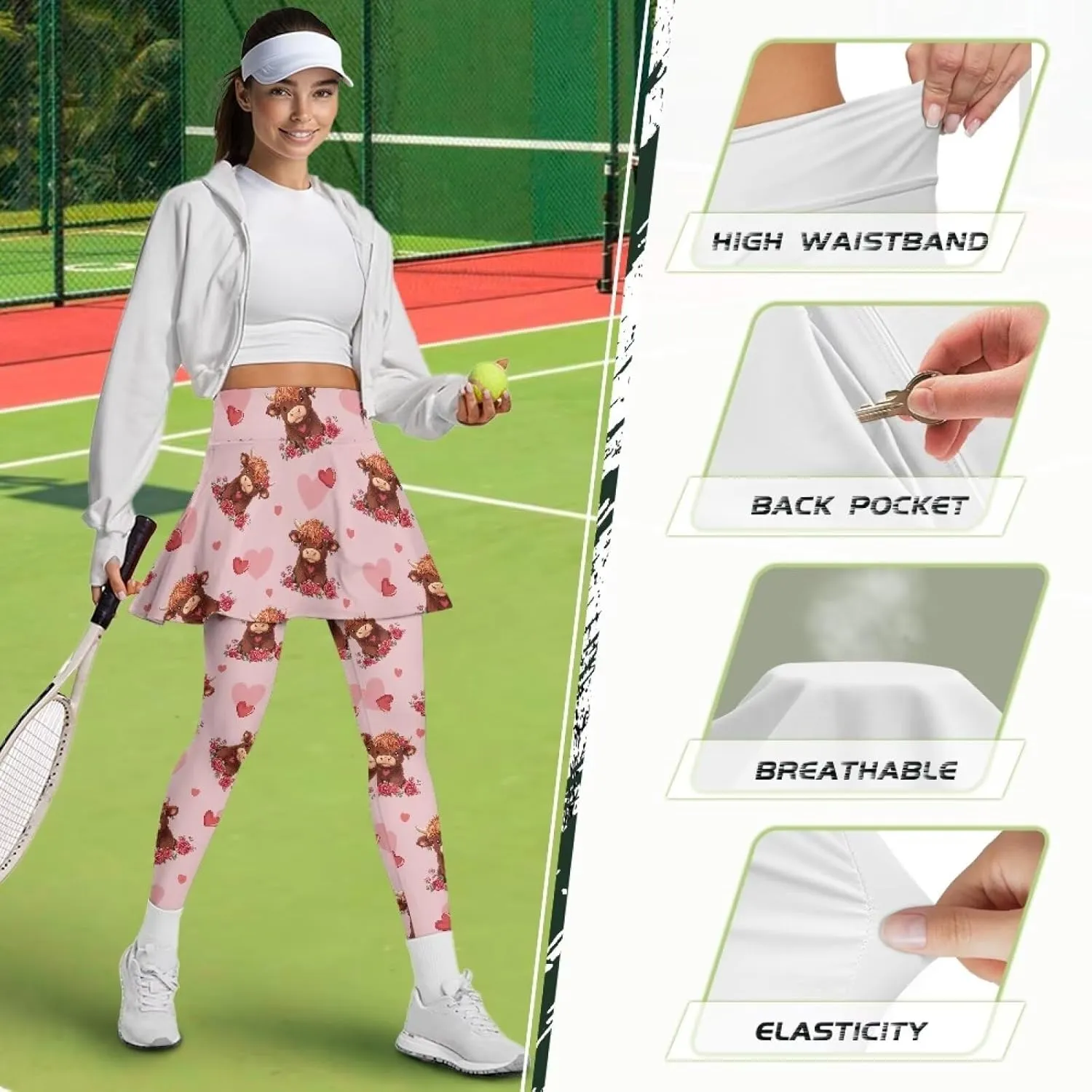 Women's Tennis Leggings with Skirts and Pockets - Soft, Comfortable Athletic Skirt with Leggings