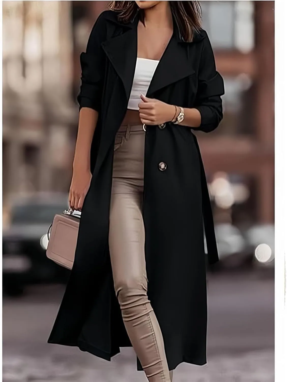 Women's Trench Coat Long Double Breasted Spring Fall Fashion 2024 Classic Lapel Overcoat Outwear with Belt and Pockets