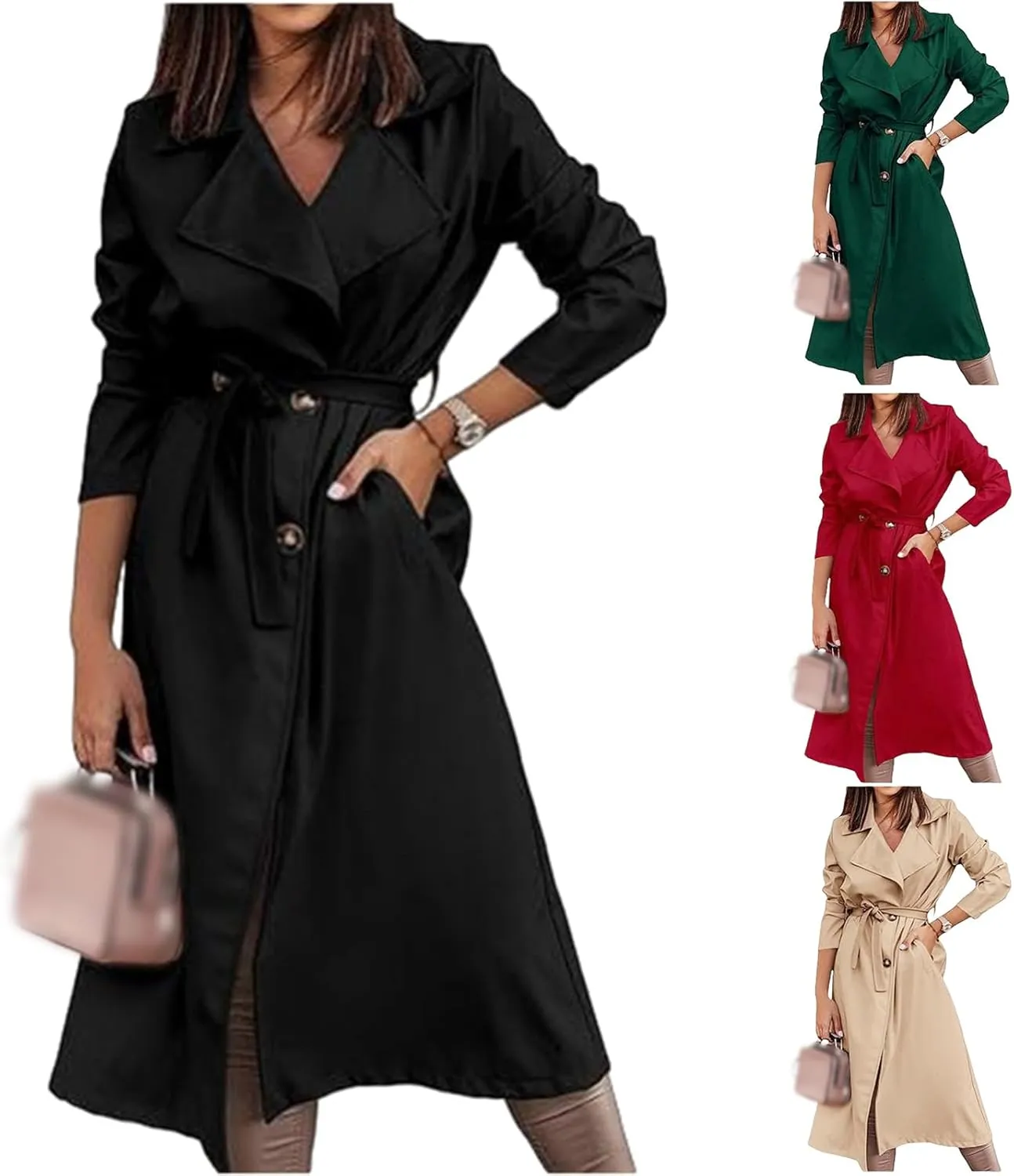 Women's Trench Coat Long Double Breasted Spring Fall Fashion 2024 Classic Lapel Overcoat Outwear with Belt and Pockets