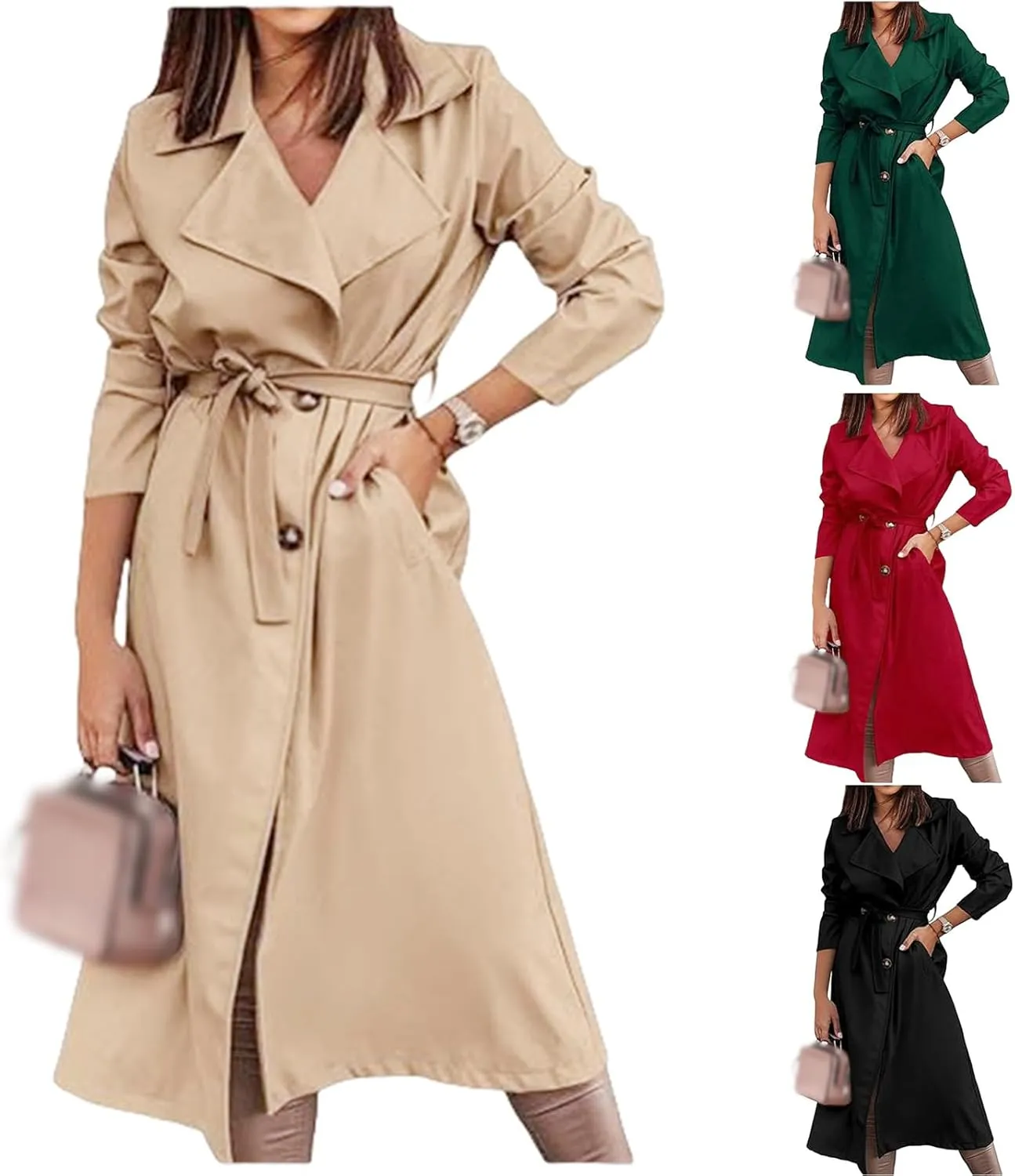 Women's Trench Coat Long Double Breasted Spring Fall Fashion 2024 Classic Lapel Overcoat Outwear with Belt and Pockets