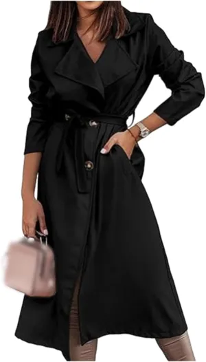 Women's Trench Coat Long Double Breasted Spring Fall Fashion 2024 Classic Lapel Overcoat Outwear with Belt and Pockets