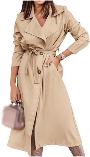 Women's Trench Coat Long Double Breasted Spring Fall Fashion 2024 Classic Lapel Overcoat Outwear with Belt and Pockets