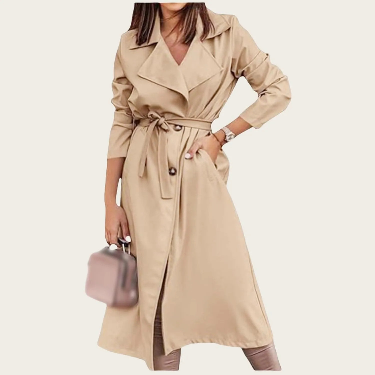 Women's Trench Coat Long Double Breasted Spring Fall Fashion 2024 Classic Lapel Overcoat Outwear with Belt and Pockets