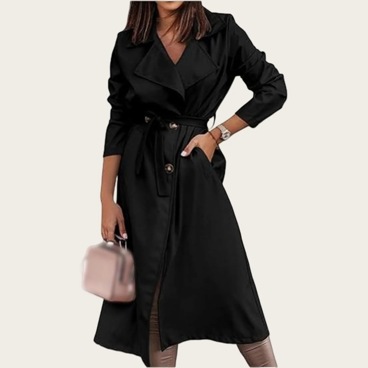 Women's Trench Coat Long Double Breasted Spring Fall Fashion 2024 Classic Lapel Overcoat Outwear with Belt and Pockets