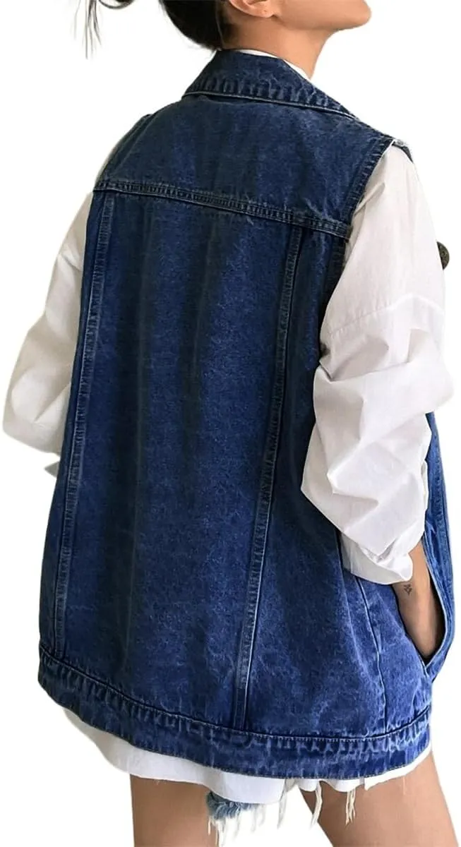 Women's Vintage Denim Vest Oversized Button Down Jean Waistcoat Gilet Sleeveless Jean Jacket