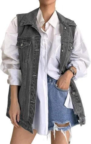 Women's Vintage Denim Vest Oversized Button Down Jean Waistcoat Gilet Sleeveless Jean Jacket