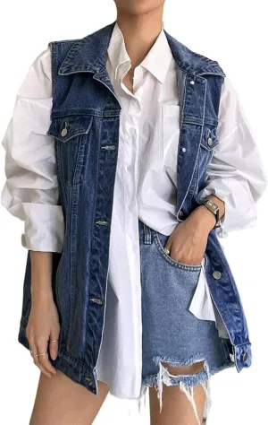 Women's Vintage Denim Vest Oversized Button Down Jean Waistcoat Gilet Sleeveless Jean Jacket