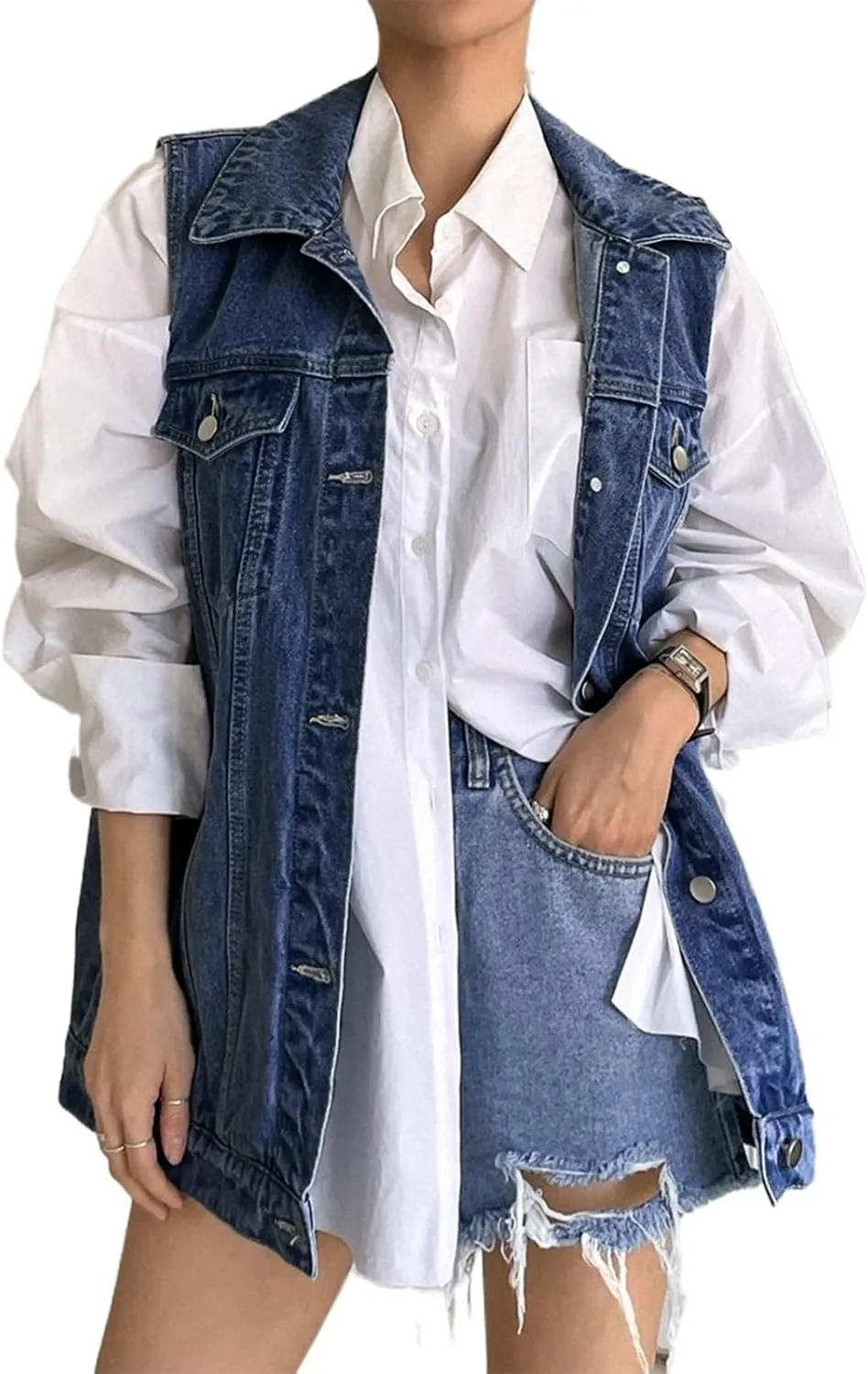 Women's Vintage Denim Vest Oversized Button Down Jean Waistcoat Gilet Sleeveless Jean Jacket
